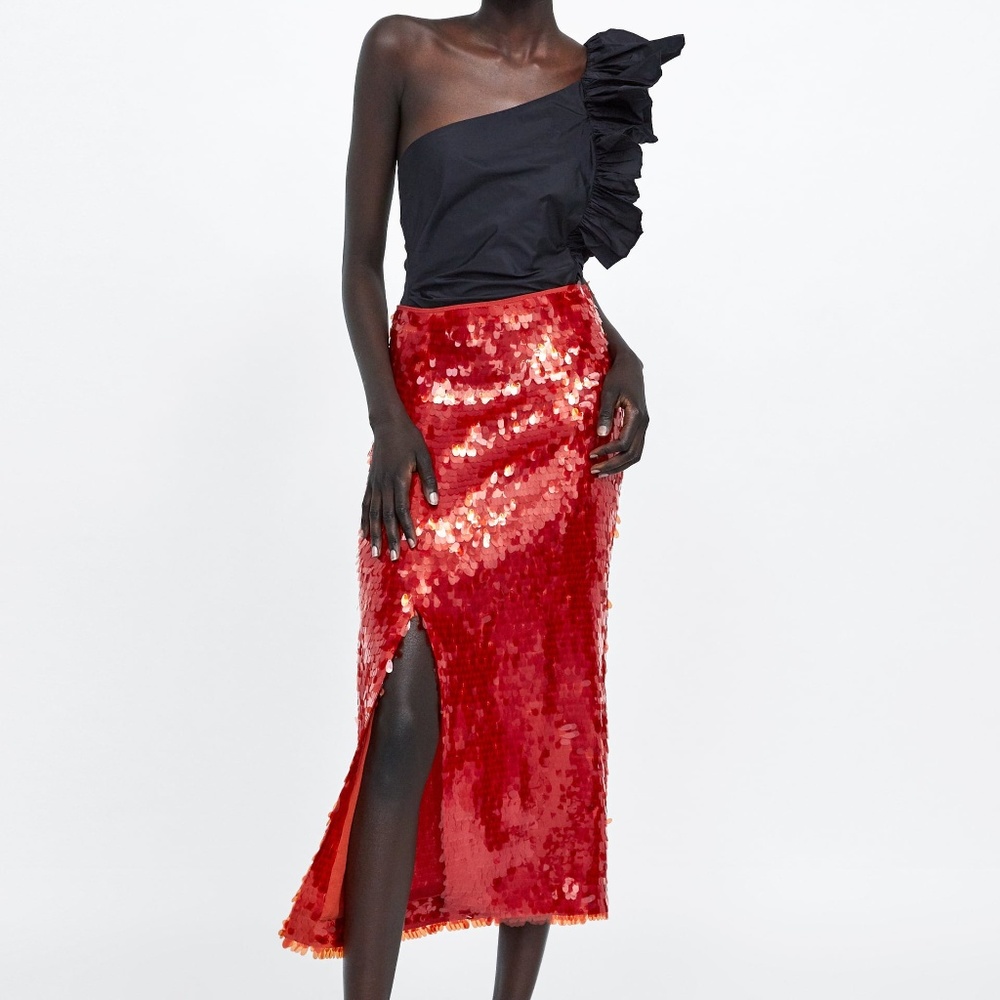 ZARA Red Sequin Pencil Skirt